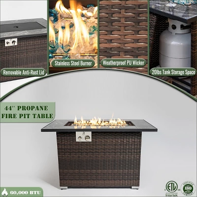 44" Propane Gas Fire Pit Table, 50000 BTU Rectangular Fire Pit, Tile Tabletop With Beautiful Wicker Base For Outside Patio Deck Garden Courtyard-Brown 15 44" Propane Gas Fire Pit Table, 50000 BTU Rectangular Fire Pit, Tile Tabletop With Beautiful Wicker Base For Outside Patio Deck Garden Courtyard-Brown - Image 15