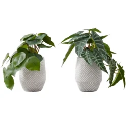 Artificial Plant, 8" Tall, Alocasia, Indoor, Faux, Fake, Table, Greenery, Potted, Set Of 2, Decorative, Green Leaves, White Cement Pots