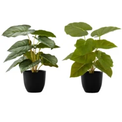 Artificial Plant, 13" Tall, Epipremnum, Indoor, Faux, Fake, Table, Greenery, Potted, Set Of 2, Decorative, Green Leaves, Black Pots