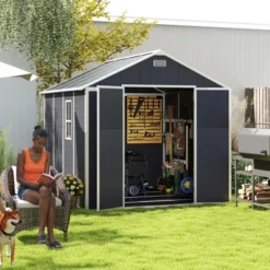 8*8ft Resin Storage Shed, High Quality Pp Material, Strong Structure, Waterproof, Rust And UV Proof, Large Storage Space,12mm Thick Pp Board,Dark Gray -House Furnish World GUEST c9800ee2 96b1 4931 8e09 7dce6c3f5634
