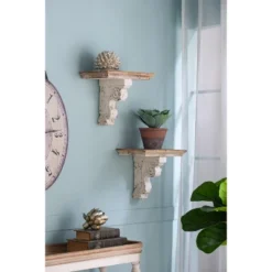 13.8x9.1x11.4" Distressed Brown And White Wooden Wall Shelf With Corbel Design -House Furnish World GUEST c9e69783 5594 41e3 8f7d ee450f89bf9b