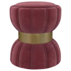 1pc Round Upholstered Ottoman Pouf Berry Velvety Soft Upholstery Vertical Ribbing Hourglass Silhouette Wide Metal Band Footrest Seat Makeshift Table