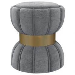 1pc Round Upholstered Ottoman Pouf Grey Velvety Soft Upholstery Vertical Ribbing Hourglass Silhouette Wide Metal Band Footrest Seat Makeshift Table