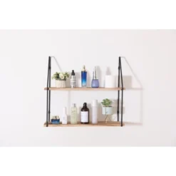 Floating Shelf With Metal Brackets, Wall Mounted Rustic Wood Wall Storage, Various Decorations Hanging Display (2-Tier ¨C Natural Wood)