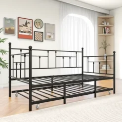 Twin Size Daybed Metal Frame With Trundle Set, Twin Day Bed Sofa, Daybed And Roll Sofa Bed For Guest Room, Bedroom, Living Room, Victorian Style -House Furnish World GUEST cf1186c1 bc6f 4dff 81da e19273229326