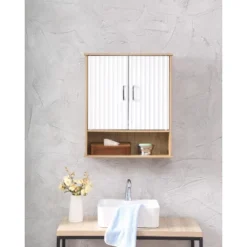 Bathroom Wall Cabinet With Double - Door, Bottom Shelf, Wavy - Patterned Doors, Adjustable Inner Shelf, Easy Installation, White & Natural Wood -House Furnish World GUEST d03e5399 6af2 4efe 9e3c f7ba5562443f
