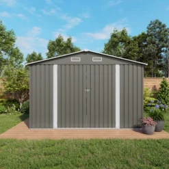 10 X 8 FT Outdoor Storage Shed,Lockable Door And Air Vent, Clear Window Garden Tool Shed For Bicycles,Backyards, Patios, Lawns,Gray -House Furnish World GUEST d12165b9 570b 4310 a6e5 0dd1827552c8