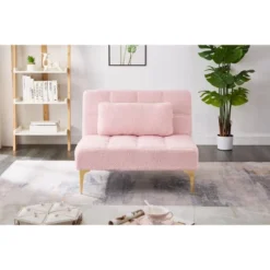 Convertible Single Sofa Bed Futon With Gold Metal Legs Teddy Polyester (Pink) -House Furnish World GUEST d3eeb224 5241 4c99 93d1 cea1de6b08a6