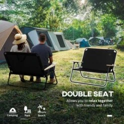 Double Folding Camping Chair, Loveseat For 2 Adults, Portable Camping Couch With Wood Armrest & Cupholders, For Backpacking, Beach, Travel, Black -House Furnish World GUEST d4ceac5e 0564 47c7 a2ee 9f13c6dcd47e
