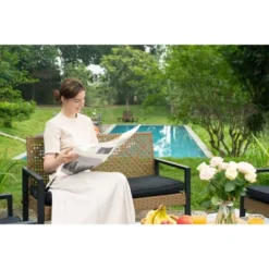 4-Piece Patio Furniture Set Outdoor Balcony Porch Garden Backyard Lawn Furniture Acacia Wood Table Top, Morden Black And Light Brown -House Furnish World GUEST d7637d4e accf 48f6 81ee 237cd71c9a35