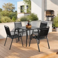 5-Piece Plastic Chair And Steel Table Outdoor Dining Set, Plastic Chairs And Table Set For Garden Patio, Black -House Furnish World GUEST d813fb5b d980 4c2c acaf ee04b1dda5f6