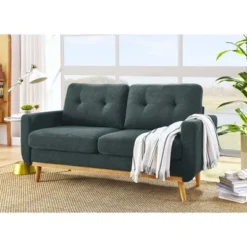 67.7" Wide Mid-Century Modern Polyester Tufted Loveseat Sofa With Wooden Legs -House Furnish World GUEST d9bf6095 910a 4500 9296 39d22adede39