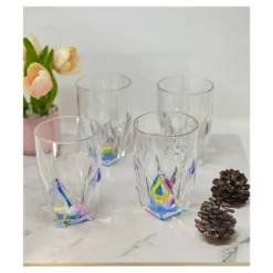 Rainbow Diamond Acrylic Glasses Drinking Set Of 4 Hi Ball (17oz), Plastic Drinking Glasses, BPA Free, Drinkware Set, Drinking Water Glasses