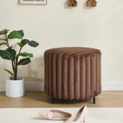 22.05"Wide Upholstered Round Pouf Ottoman Foot Rest With Black Metal Legs,Faux Fur Footstool For Living Room Bedroom Entryway. Brown