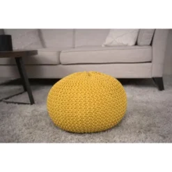 Bordeaux Knitted Cotton Round Pouf, Yellow -House Furnish World GUEST ddd0ef53 75e9 4ac2 9714 d2e5f261c955