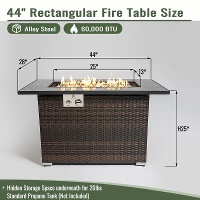44" Propane Gas Fire Pit Table, 50000 BTU Rectangular Fire Pit, Tile Tabletop With Beautiful Wicker Base For Outside Patio Deck Garden Courtyard-Brown 14 44" Propane Gas Fire Pit Table, 50000 BTU Rectangular Fire Pit, Tile Tabletop With Beautiful Wicker Base For Outside Patio Deck Garden Courtyard-Brown - Image 14