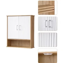 Bathroom Wall Cabinet With Double - Door, Bottom Shelf, Wavy - Patterned Doors, Adjustable Inner Shelf, Easy Installation, White & Natural Wood -House Furnish World GUEST dfe5f701 05eb 46ec 8060 3d873e3200eb