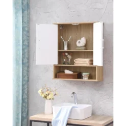 Bathroom Wall Cabinet With Double - Door, Bottom Shelf, Wavy - Patterned Doors, Adjustable Inner Shelf, Easy Installation, White & Natural Wood -House Furnish World GUEST e06a0115 6e32 4316 b388 3cfd43e05c62