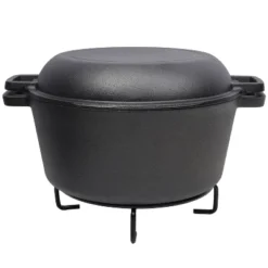 2 In 1 Pre-Seasoned Cast Iron Dutch Oven With Dual Handles, Outdoor Camping Deep Pot For Cooking BBQ Baking Campfire, 5 Quart.With 1pc Iron Pot Rack. -House Furnish World GUEST e15fc926 83fe 4c2f 883c 0474680f0b9d