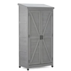 Outdoor Storage Cabinet And Metal Top,Garden Storage Shed,Outdoor 68 Inches Wood Tall Shed For Yard And Patio
