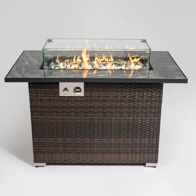 44" Propane Gas Fire Pit Table, 50000 BTU Rectangular Fire Pit, Tile Tabletop With Beautiful Wicker Base For Outside Patio Deck Garden Courtyard-Brown 3 44" Propane Gas Fire Pit Table, 50000 BTU Rectangular Fire Pit, Tile Tabletop With Beautiful Wicker Base For Outside Patio Deck Garden Courtyard-Brown - Image 3