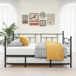 Twin Size Daybed Metal Frame With Trundle Set, Twin Day Bed Sofa, Daybed And Roll Sofa Bed For Guest Room, Bedroom, Living Room, Victorian Style