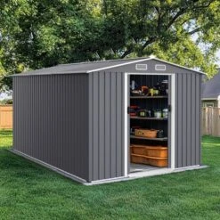 Outdoor Storage Shed 8 X 12FTLarge Metal Tool Sheds, Heavy Duty Storage House With Sliding Doors With Air Vent To Store Bikes, Tools,Grey -House Furnish World GUEST ef4f2732 4559 4958 8593 38dfda3aef21