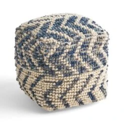 Alina Wool And Cotton Pouf, Natural And Blue -House Furnish World GUEST f061360c ebc3 4231 8555 a6d48013e60e