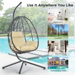 Egg Chair With Stand Indoor Outdoor Swing Chair Patio Wicker Hanging Egg Chair Hanging Basket Chair Hammock Chair With Stand For Bedroom Room Balcony -House Furnish World GUEST f1dcc8c4 60f7 4500 8ca4 8a175a278cf2