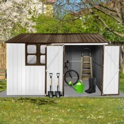 Metal Garden Sheds 10ftx8ft Outdoor Storage Sheds White+coffee With Window -House Furnish World GUEST f3f0cbb9 1c52 48c7 9949 84441af45368