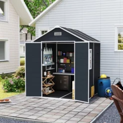 6*6ft Resin Storage Shed, High Quality Pp Material, Rust And UV Proof, Large Storage Space, 12mm Thick Pp Board, HD Window Lighting Dark Gray -House Furnish World GUEST f94dcd23 9c94 4eb1 b97f dca3b8d73160