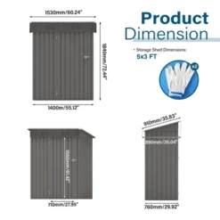 5X3 FT Outdoor Storage Shed, Tool Shed With Pitched Roof And Lockable Door Compact Metal Tool Shed For Garden, Backyard, Patio,Bike Storage, Gray -House Furnish World GUEST f9cd2df9 d4a6 481a 8ecc 14e38671e289
