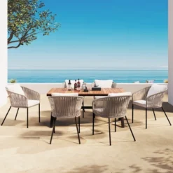 7 Pieces Patio Dining Set, All-Weather Outdoor Furniture Set With Dining Table And Chairs, Metal Frame, For For Garden, Backyard, Beige