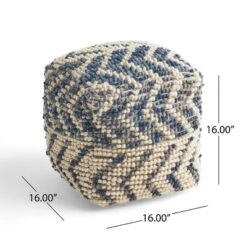 Alina Wool And Cotton Pouf, Natural And Blue -House Furnish World GUEST fc258a64 0dc6 4fd6 9a5a 477a3cbc3d57