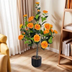 Artificial Camellia Tree 2 Pack, 36"Faux Camellia Plant In Pot With Orange Flowers, Greenery Potted Plant For Indoor Outdoor Office Home Porch Decor