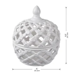 D8x9.5in White Ceramic Lidded Jar With Lattice Design -House Furnish World GUEST ffd984fd f6bd 4dab ab24 2c93387dd314